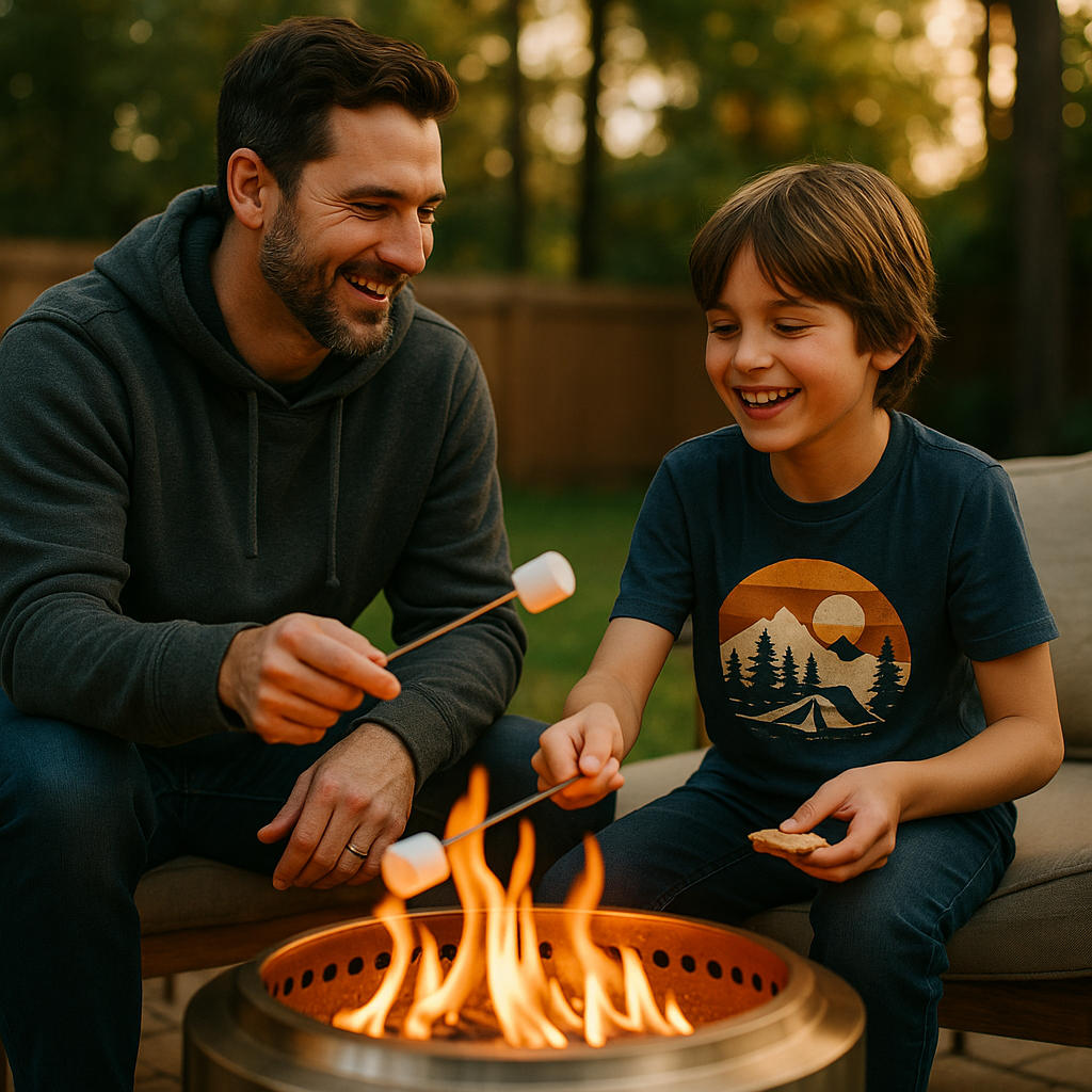 Dad father son bonding roasting marshmallows 