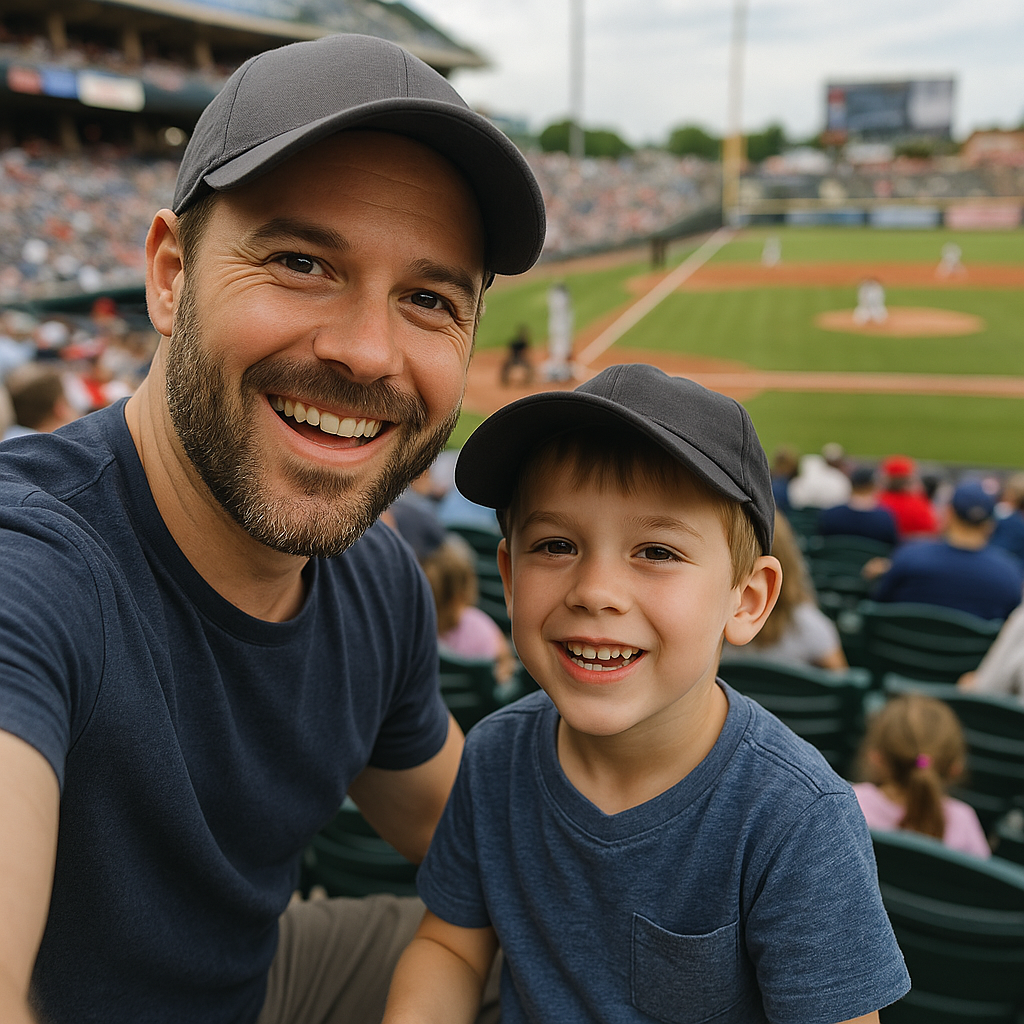 Dad and son spending time together at a baseball game. A joint selfie